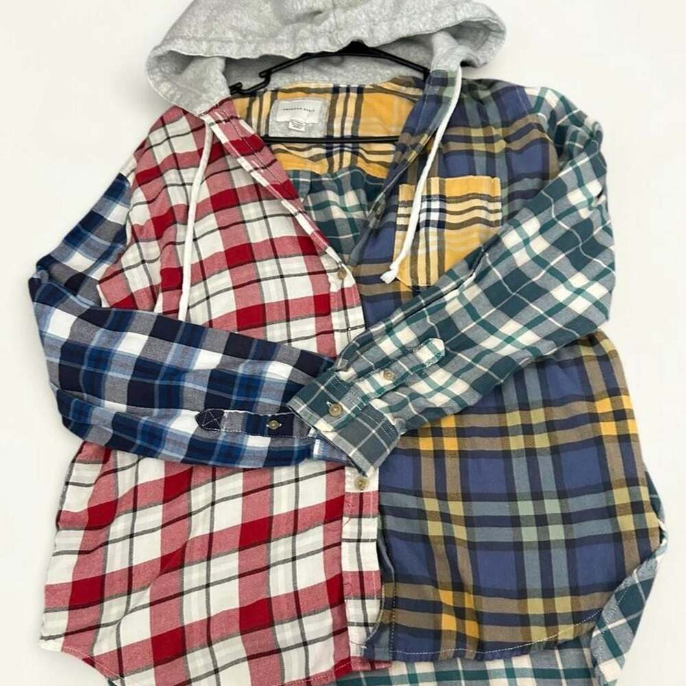 American Eagle Patchwork Hooded Flannel Shirt